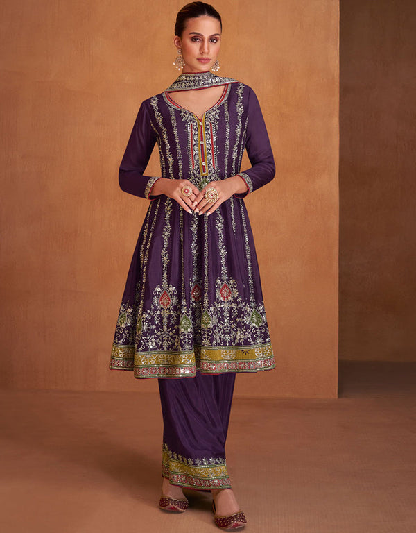 Trendy Party Wear Chinon Silk Salwar Kameez Collection Purple Real Chinon Pant Suit Front View